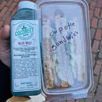 Blue mist juice and a chipotle sandwich at Cocobeet in Boston