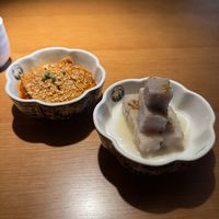 Tofu skins (contains peanut and chilis) and sweet taro  at QingChun Perma (慶春樸門) in Beijing