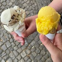 White chocolate Tonka and Mango and passionfruit in the homemade cones at Tribeca Ice Cream in Berlin