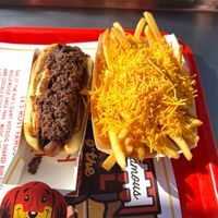 Vegan chili hot dog and cheese fries  at TAIL O' THE PUP in West Hollywood