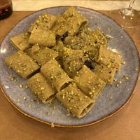 Pasta with pistachio pesto and friend aubergine. The chef happy to veganise plates   at Gusto Bistro in Gran Canaria