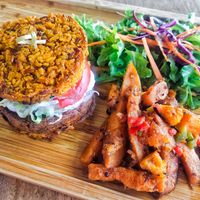 Spiced fish burger, comes with sweet potato fries and salad at Afterglow by ANGLOW in Central Singapore