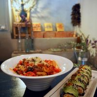 Spicy Asian noodles and Kimchi avocado rolls at Afterglow by ANGLOW in Central Singapore