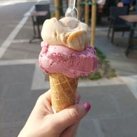 Almond and pomegranate (the cone is also vegan) at Gelatolandia - Gelato Italiano Artigianale in Venice