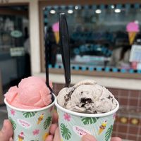 Electric watermelon Italian ice (left) and Ultimate Oreo Oat (right)  at Sailor's Delight Ice Cream Shop in Santa Catalina Island