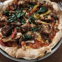 (very spicy!!!) pizza with vegan cheese and tofu cubes and veggies at DuLi in Beijing