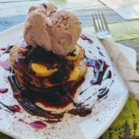 Protein pancake stack (choc berry) at New Earth Cafe in Coolum Beach