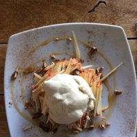 Vegan pancake with Carmel apple sauce, delicious 😋  at New Earth Cafe in Coolum Beach