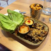 Korean BBQ Lettuce Wrap and Yucca fries. Really good sauces!  at Lulu Green in Boston