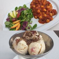 Something morrocan with chickpeas and aubergine, and soy ice cream with maple syrup and dark chocolate at La Joya in Nerja