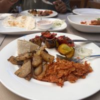 Stewed cabbage, potatoes and mushrooms, vegetable skewer   at Joy Chaikhana Lounge  in Bukhara