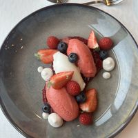 Berry sorbet with fresh berries and coconut cream   at Kviknes Hotel balestrand in Balestrand