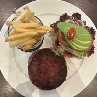 Lentil and beetroot burger with fries  at Kviknes Hotel balestrand in Balestrand