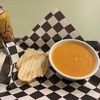 Cup of curried squash soup  at Leaf and Ladle in Bellingham