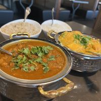 Tofu Coconut Curry and Chana masala with brown and basmati rice   at Royal India Cuisine in Corvallis
