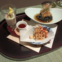The first course: yuba, eggplant, and vegetable crackers. at The Dining - Shiba Park Hotel in Tokyo