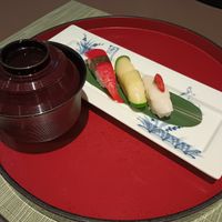 Sushi with miso soup. The soup serves as a palate cleanser between the different sushi. After this, you are served houjicha, to cleanse the palate and prepare you for dessert. at The Dining - Shiba Park Hotel in Tokyo