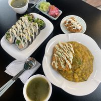 Avocado roll, Soy meat cutlet with Korean curry rice   at Vegenarang in Seoul
