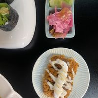 Side dishes (cucumber & picked cabbage), and new testing menu (cutlet with potato cream sauce)  at Vegenarang in Seoul