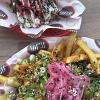 Bao bun and catsu curry fries  at Old Grey Mare in York