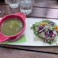 Soupe de légumes (sans crème ni lait), salade (laitue, chou, radis, kumquat, concombre et fleur) at Les Olivades  in Collobrieres