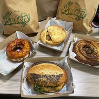 So tasty! Mac and cheese pie, crème brûlée pastry, tofu sandwich and pastry wheel. Also to the side a coconut spiced orange Matcha latte. ❤️  at Belen Plant Bakery - Petone in Petone
