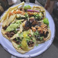 5 al pastor tacos for $65 MXN, loaded up with all the free toppings you can handle: roasted onion bulbs, salsas, fries, black beans, red onion, veggies, you name it  at Por Siempre Vegana - Food Stall in Mexico City
