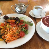 Large vegan salad, vegan borscht and ginger tea. Mmmm! at The Organic Farm Shop and Cafe in Cirencester