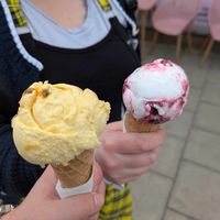 Vegan ice cream flavours mango and passion fruit. And cherry chocolate purchased at milk and honey  at Milk & Honey in Seahouses