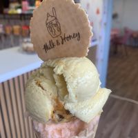 Mango and passionfruit ice cream and irn bru sorbet  at Milk & Honey in Seahouses