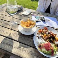 Vegan Mediterranean flatbread and fries    at Glasfryn  in Mold