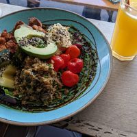vegan buddha bowl and fresh-squeezed orange juice at The Green Grocers in Norwich