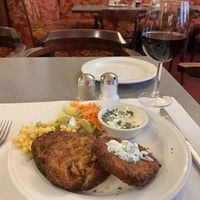 Vegan Patties with Soy-yoghurt n chives sauce.   at Kaffee Konditorei Monarchie in Vienna