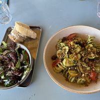 Pasta with courgettes, lovely light salad with delicious dressing and homemade focaccia   at Belli Guinguette de Salvagnac  in Salvagnac