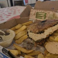 Vegan fish and chips. Can see the nori in  between the batter and tofu. at Eco - Marina Market - Food Stand in Cork