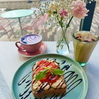 Hummus toast, uber latte (not caffeinated), rose cardamom latte    at 1 Oz Coffee  in Santa Clara
