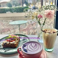 Ube latte, rose cardamom latte, and hummus toast   at 1 Oz Coffee  in Santa Clara