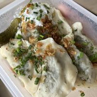 Vegan mushroom and cheese wareniki with schmand (take away)  at Kibinas in Leipzig