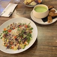 Thai salad, gazpacho soup, falafel and hummus  at La Belle Echappée in Malaucene