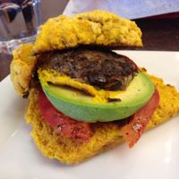 Breakfast sandwich with vegan sausage patty on pumpkin muffin bread at LUNCH Cafe and Eatery in Fairbanks