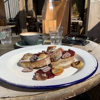 Plant based french toast enjoyed in the outdoor seating area   at Foodstory Cafe in Aberdeen