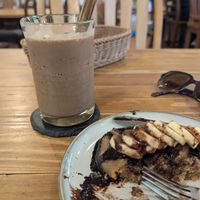 Cacao smoothie and vegan chocolate banana pancakes at Bloom Coffee Okinawa - Owan in Yomitan