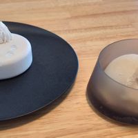 Cheesecake (left), oat-milk ice cream (right) at JoGeSaYu in Hiroshima