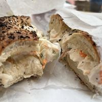 Everything bagel with veg tofu spread   at Tompkins Square Bagels - Upper East Side in New York City