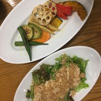 Special service - staff surprised me with a tofu dish and grilled vegetables  at Budou No Oka in Shizuoka