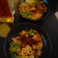 Naked noodles and Biang Biang noodles with tofu and shiitake at AM-SU Handpulled Noodles in Frankfurt