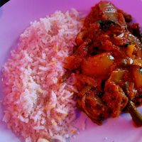 Coconut Rice and Vegetable Bhuna (Plated). at Mostyn Tandoori  in Llandudno