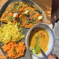 Mushroom crepe with soup and side. Can be made vegan. Original is vegetarian.   at House of Wonders in Cascais