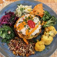 Vegan “burger” with sides - no vegan meats, all plants  at House of Wonders in Cascais