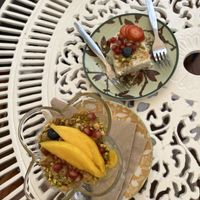 Mango mousse and a coconut and pistachio mousse  at House of Wonders in Cascais